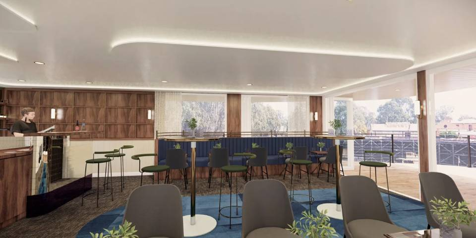 The Hopwood Lounge on Deck 1 and the outdoor seating areas are ideal spots to relax with a drink and enjoy the ever-changing Murray River scenery.