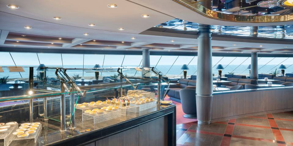 Top Sail Lounge. As part of a luxury cruise experience, this exclusive lounge is accessible 24/7 to MSC Yacht Club guests.