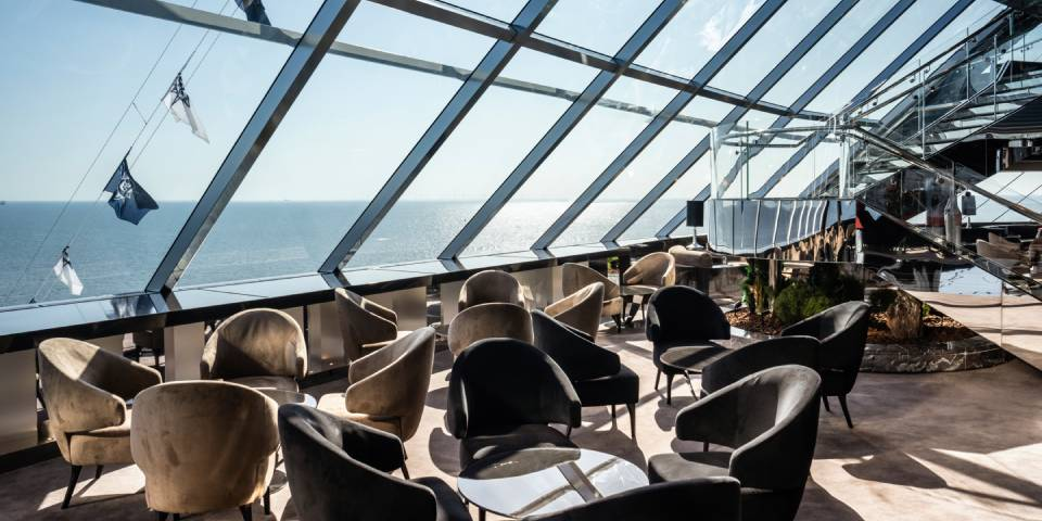 Top Sail Lounge. As part of a luxury cruise experience, this exclusive lounge is accessible 24/7 to MSC Yacht Club guests.