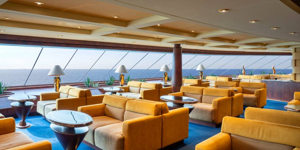 Top Sail Lounge. As part of a luxury cruise experience, this exclusive lounge is accessible 24/7 to MSC Yacht Club guests.