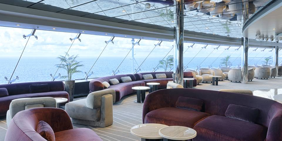 Top Sail Lounge. As part of a luxury cruise experience, this exclusive lounge is accessible 24/7 to MSC Yacht Club guests.