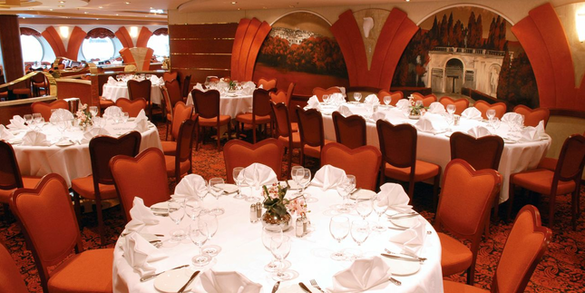The Villa Borghese restaurant is one of the ship's main dining rooms and is open for Breakfast, Lunch and Dinner. It's deep red colour scheme presents a luxurious restaurant design
