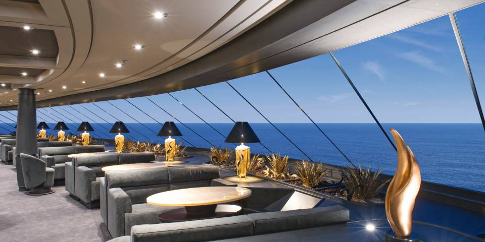 Top Sail Lounge. As part of a luxury cruise experience, this exclusive lounge is accessible 24/7 to MSC Yacht Club guests.