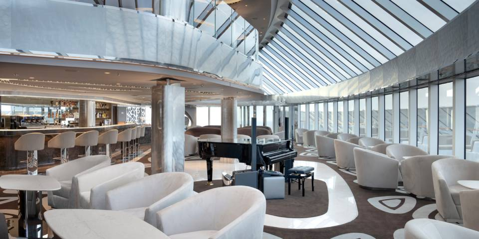 Top Sail Lounge. As part of a luxury cruise experience, this exclusive lounge is accessible 24/7 to MSC Yacht Club guests.