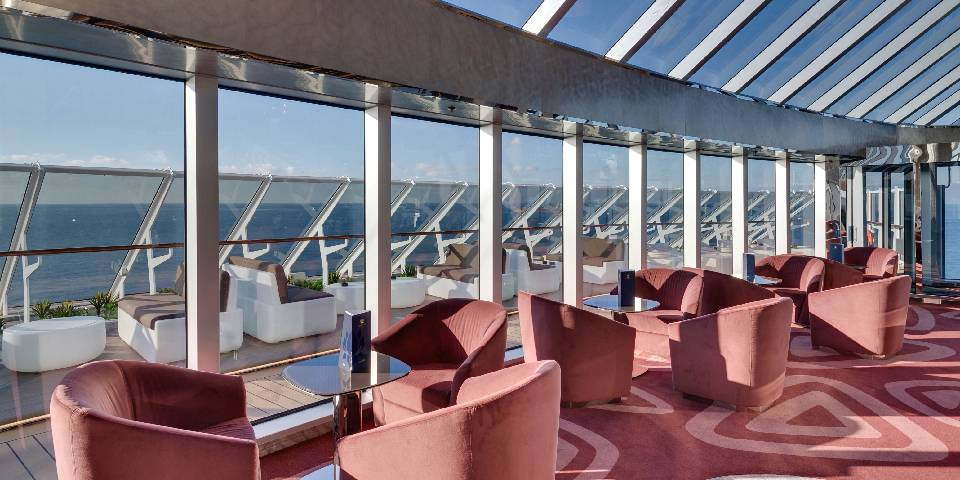 Top Sail Lounge. As part of a luxury cruise experience, this exclusive lounge is accessible 24/7 to MSC Yacht Club guests.