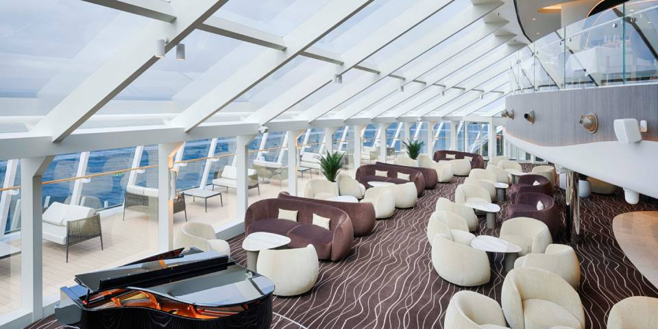 Top Sail Lounge. As part of a luxury cruise experience, this exclusive lounge is accessible 24/7 to MSC Yacht Club guests.