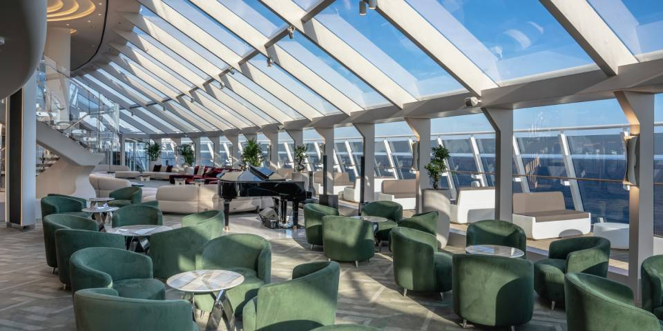 Top Sail Lounge. As part of a luxury cruise experience, this exclusive lounge is accessible 24/7 to MSC Yacht Club guests.