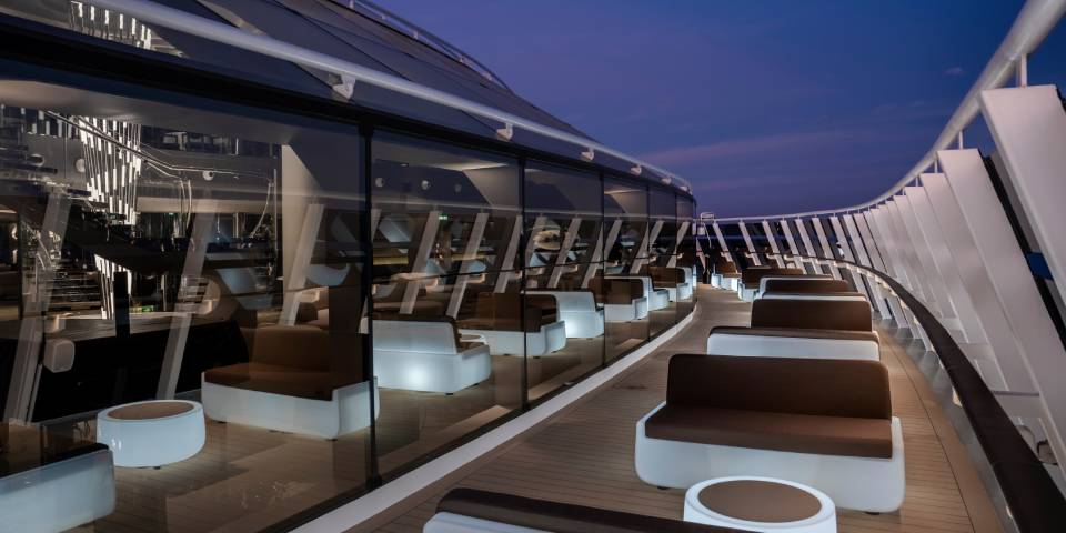 Top Sail Lounge. As part of a luxury cruise experience, this exclusive lounge is accessible 24/7 to MSC Yacht Club guests.