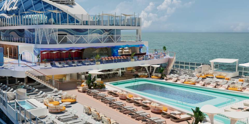 Pool Deck. An expanded pool deck with more seating, a bigger pool, an expansive bar and new infinity hot tubs!